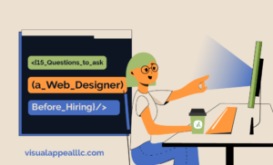 illustrated image of website designer with title " 15 questions to ask a website designer before hiring" written in code