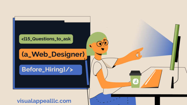 illustrated image of website designer with title " 15 questions to ask a website designer before hiring" written in code